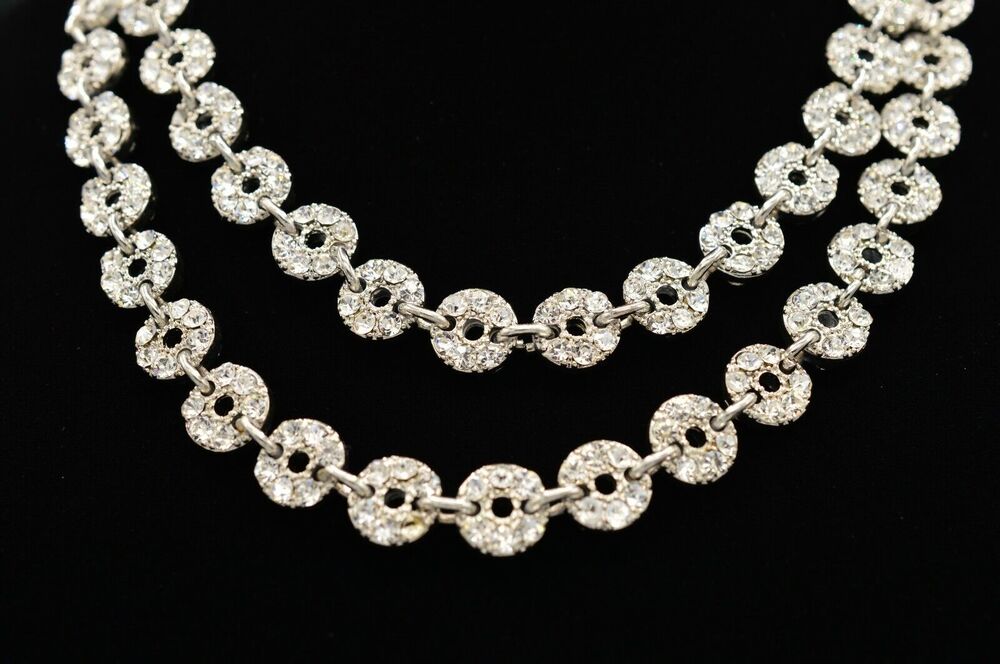 Statement Necklace Double Strand Sparkling Rhinestone Crystal Linked Chain BinI